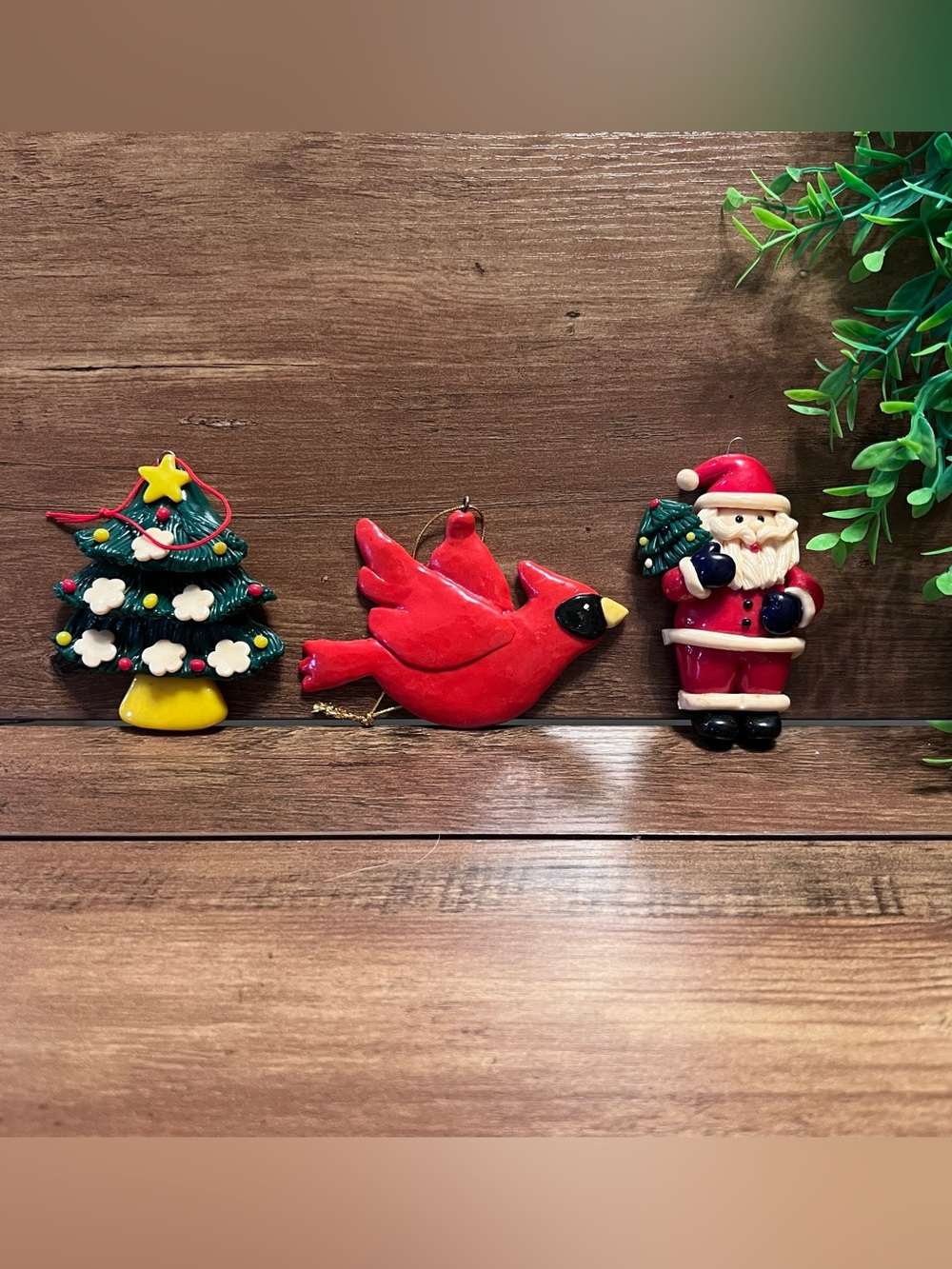 Set of Three Vintage Christmas Ornaments - Tree, Cardinal, Santa